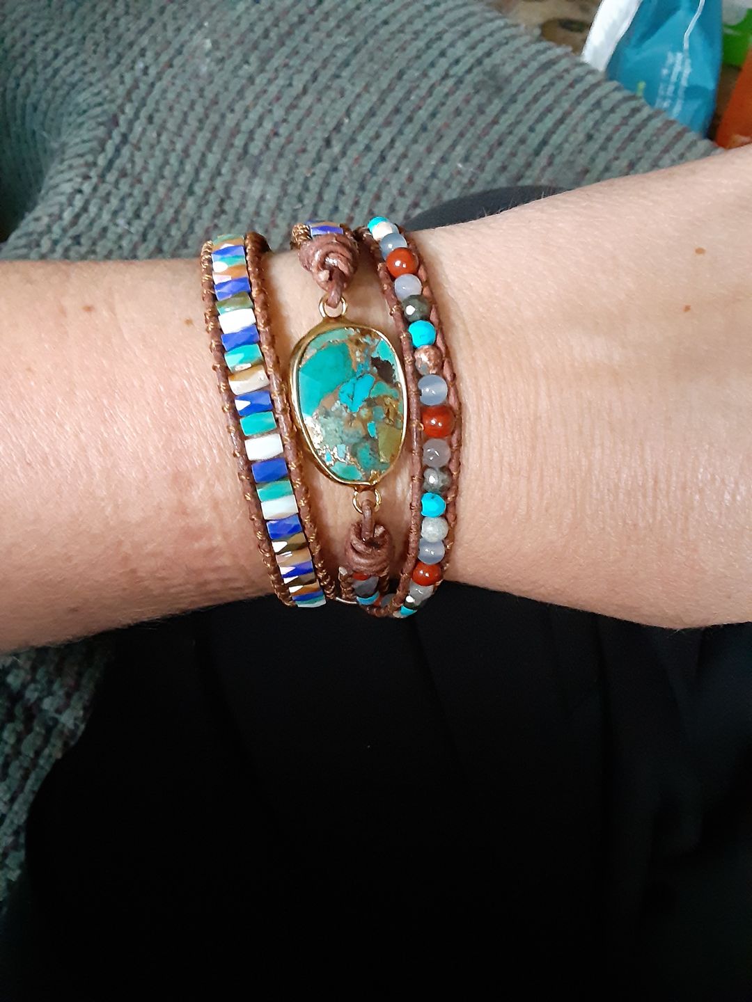 Customer photo review of Natural Turquoise & Jasper Wrap Bracelet