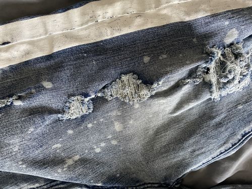 Customer photo review of Side Stripe Destroyed Denim Shorts Bleach Splatter (M7195D)