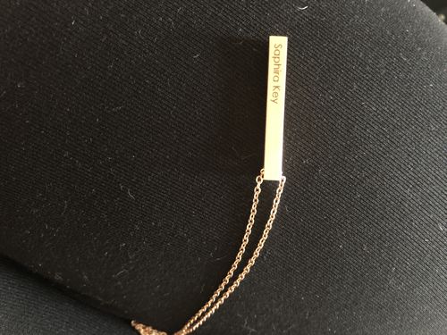 Customer photo review of Engraved 3D Bar Necklace