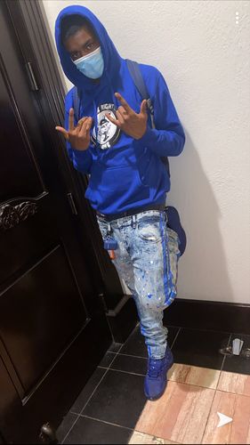Customer photo review of Neon Stripe Print Skinny Fit Track Denim Blue Wash - Blue (M4701DB)