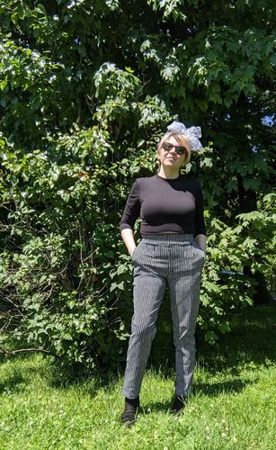 Customer photo review of Miss Kitty Cigarette Pants in Black Stripes - Vixen by Micheline Pitt