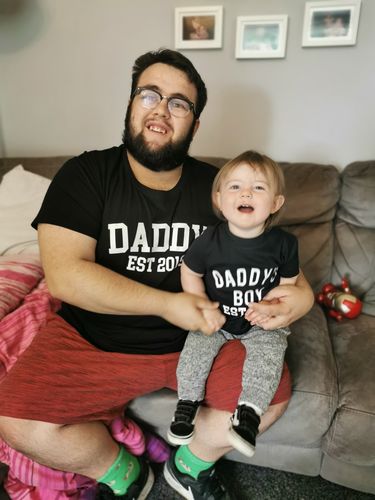 Customer photo review of Personalised Daddy & Daddy's Boy Varsity Established Matching T-Shirts (MRK X)