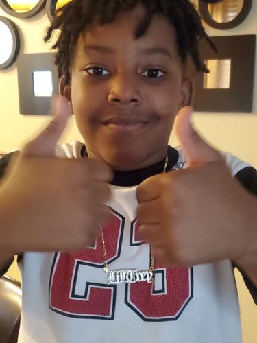 Customer photo review of Double Plated Gothic Angelina Style Name Necklace