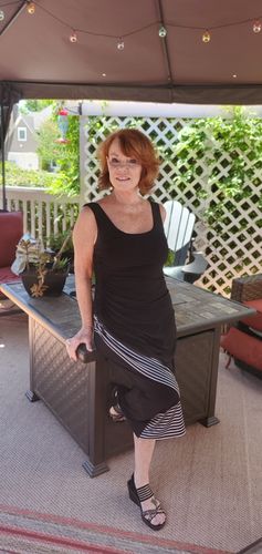 Customer photo review of Joseph Ribkoff Black/White Striped Tulip Hem Sleeveless Midi Dress 192909 NEW