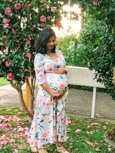 Customer photo review of Harper Stretch Winter Wrap Dress in White Floral