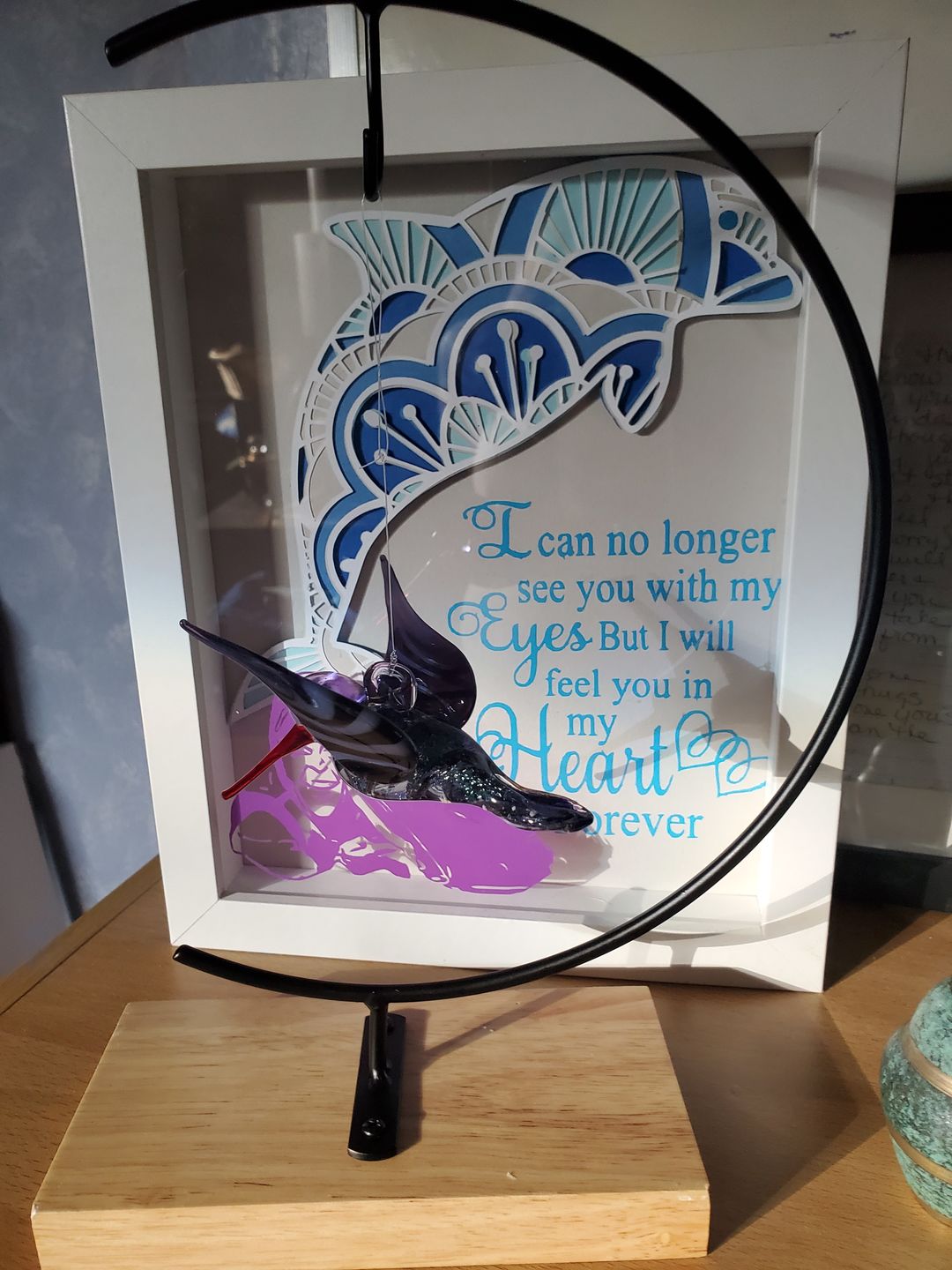 Customer photo review of Purple Dichroic Twist Glass Hummingbird with Infused Ash