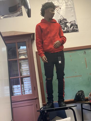 Customer photo review of Painted Side Stripe Denim Track Pants Black - White - Red (M4695D)