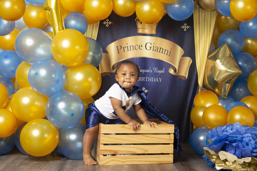 Customer photo review of Royal Blue Prince 1st First Birthday Backdrop Yellow Curtain Crown