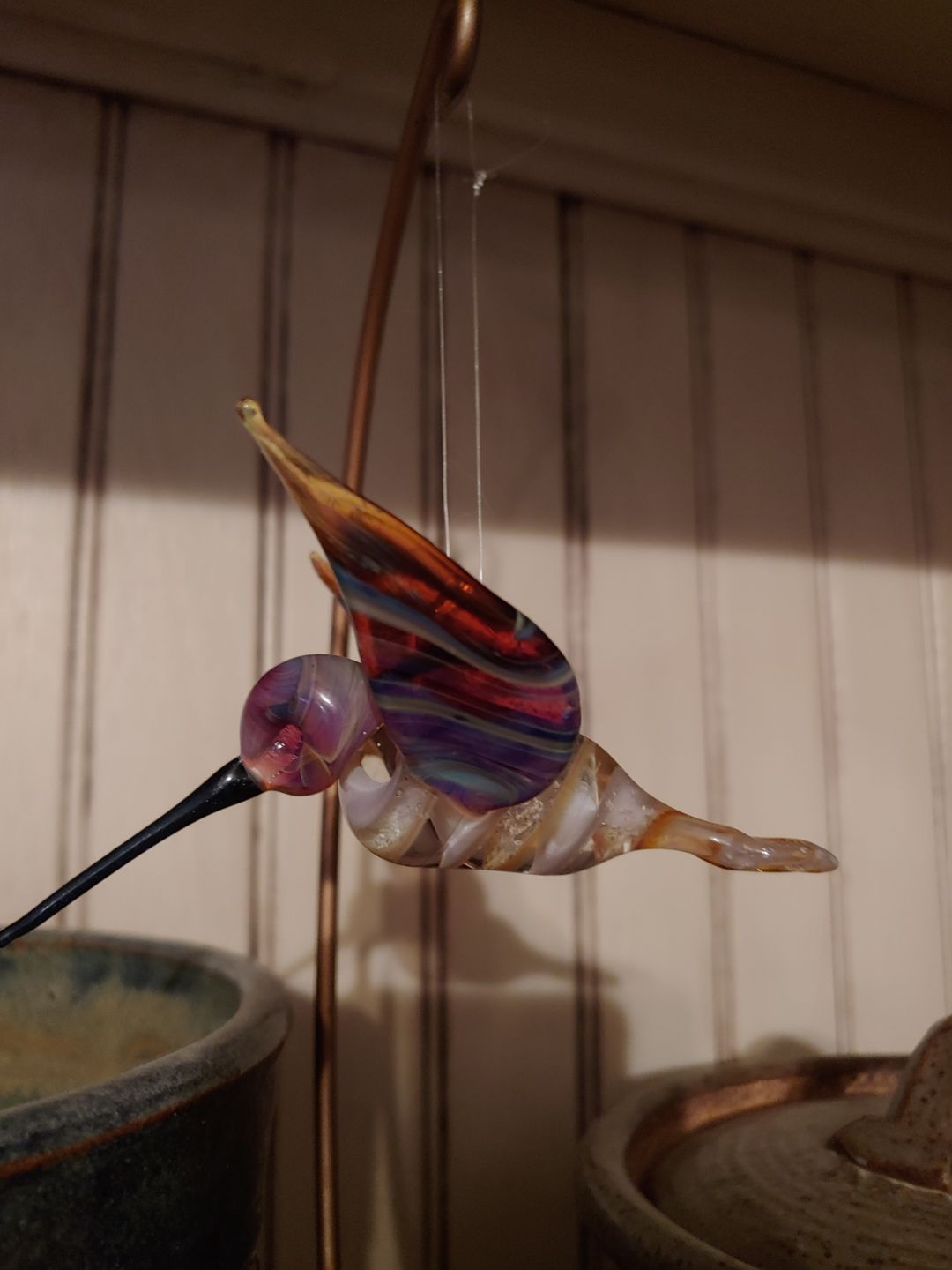 Customer photo review of Purple and Amber Glass Hummingbird Figurine with Cremains