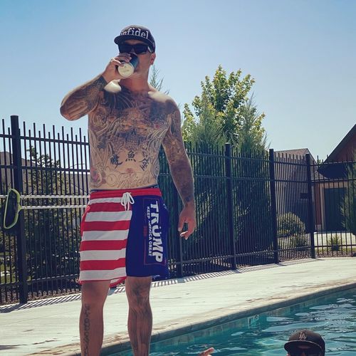 Customer photo review of Donald Trump Keep America Great Swim Trunks