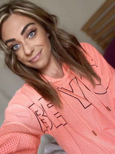 Customer photo review of 'SMR' Mesh Cropped Hoodie - Soft Neon Coral