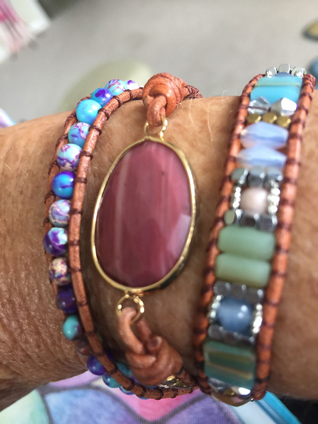 Customer photo review of Natural Rhodonite & Jasper Wrap Bracelet