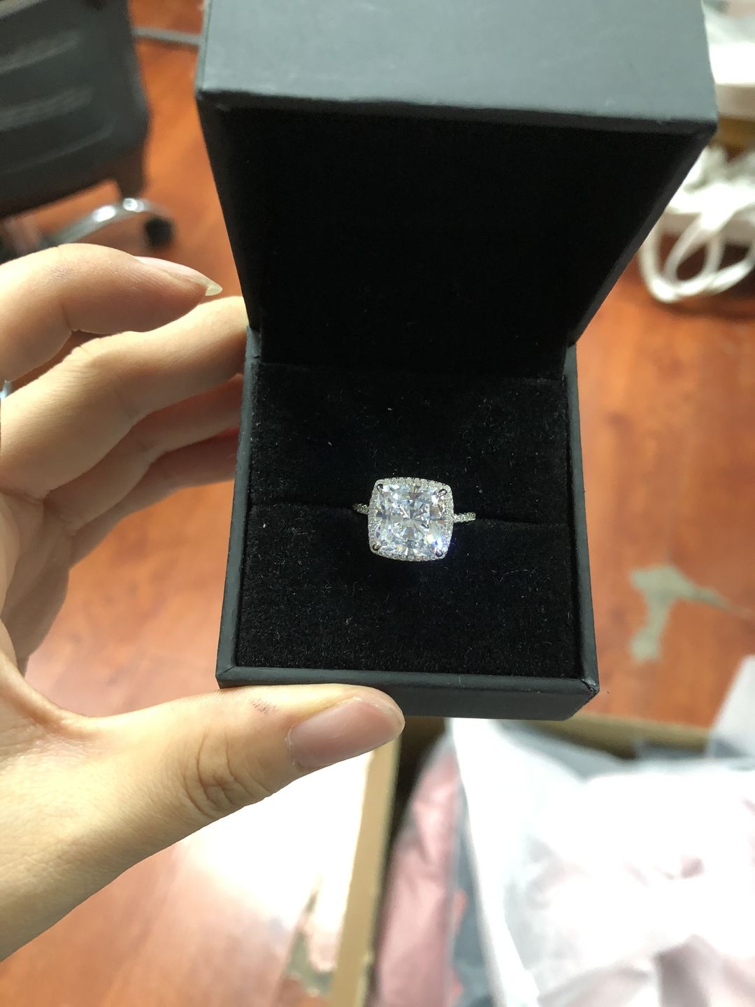 Customer photo review of Louily Halo Cushion Cut Engagement Ring In Sterling Silver