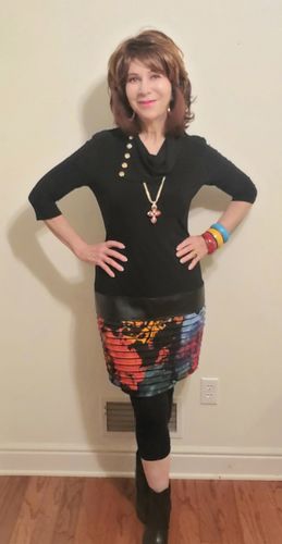 Customer photo review of Joseph Ribkoff Black/Multi Printed Drop Waist Short Dress 193656 NEW