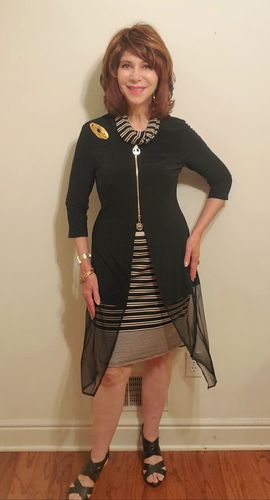 Customer photo review of Joseph Ribkoff Black/Oatmeal Striped Layered Cowl Neck Sheath Dress 193866 NEW