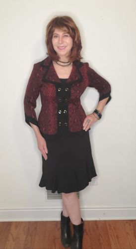 Customer photo review of Joseph Ribkoff Black/Wine Red Snakeskin Grommet Accent Jacket 194665 NEW
