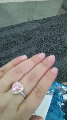 Customer photo review of Louily Romantic Pink Sapphire Halo Heart Cut Engagement Ring for Women