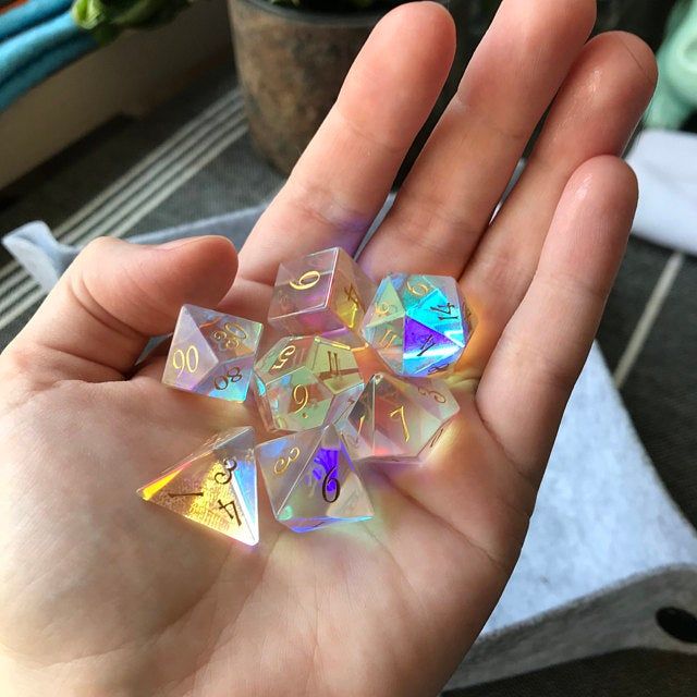 Customer photo review of URWizards Dnd Dichroic Prism Glass Gemstone Engraved Dice Set