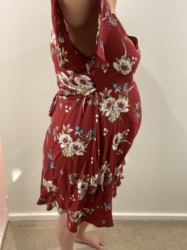 Customer photo review of Harlow Short Maternity Wrap Dress in Fiesta