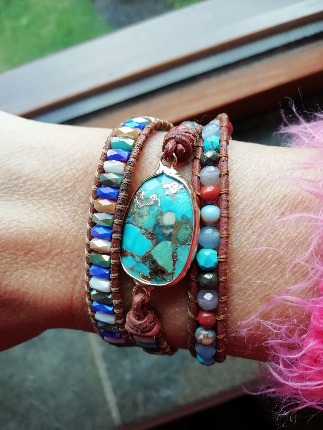 Customer photo review of Natural Turquoise & Jasper Wrap Bracelet
