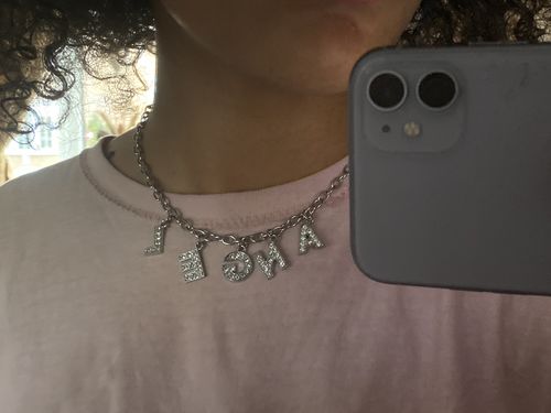 Customer photo review of Girly Rhinestone Words Choker Necklace