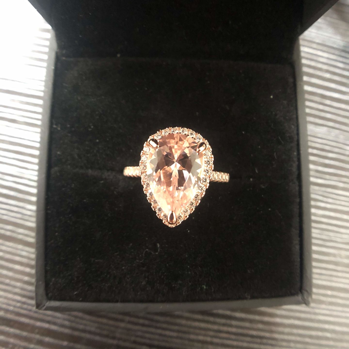 Customer photo review of Louily Rose Gold Halo Pear Cut Synthetic Morganite Engagement Ring
