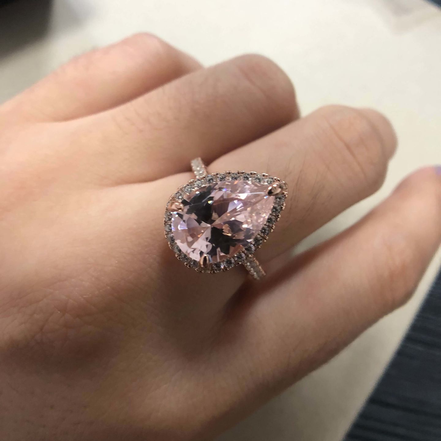 Customer photo review of Louily Rose Gold Halo Pear Cut Synthetic Morganite Engagement Ring