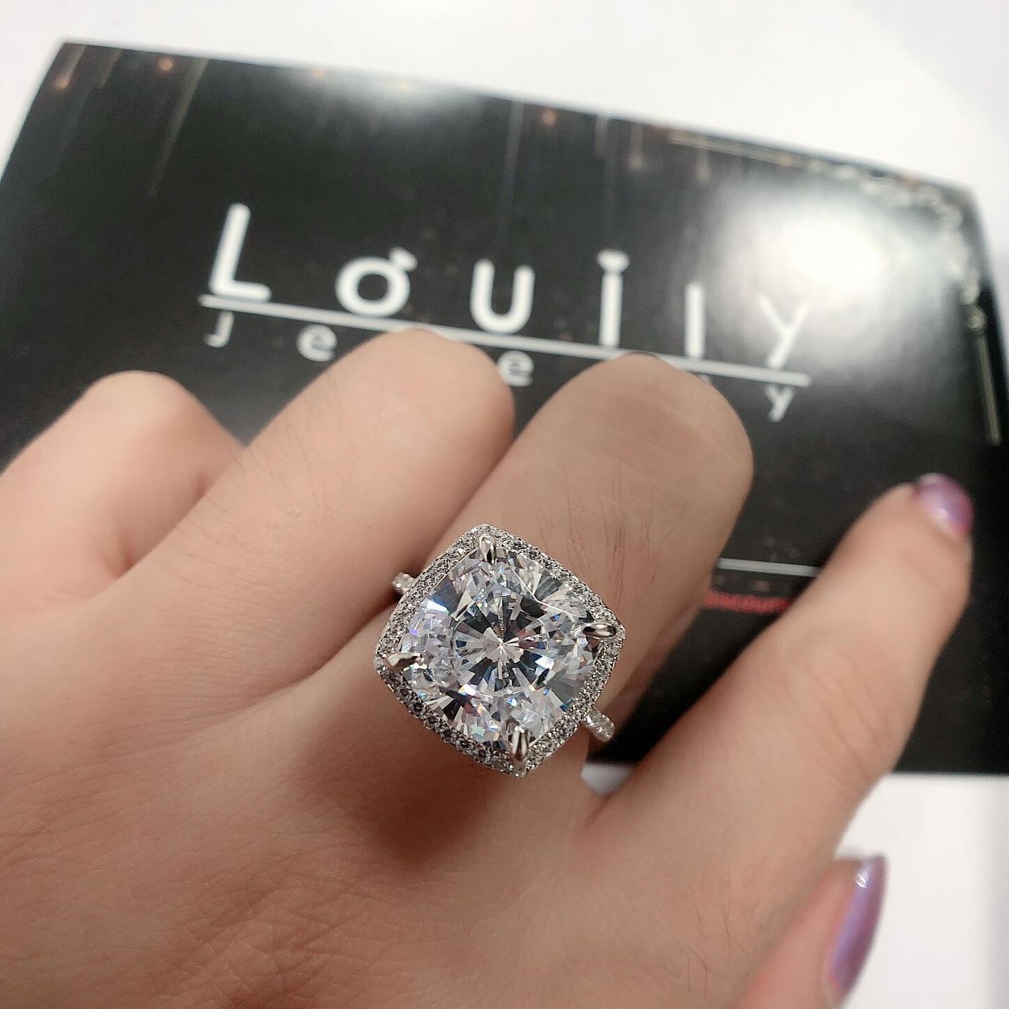Customer photo review of Louily Halo Cushion Cut Engagement Ring In Sterling Silver