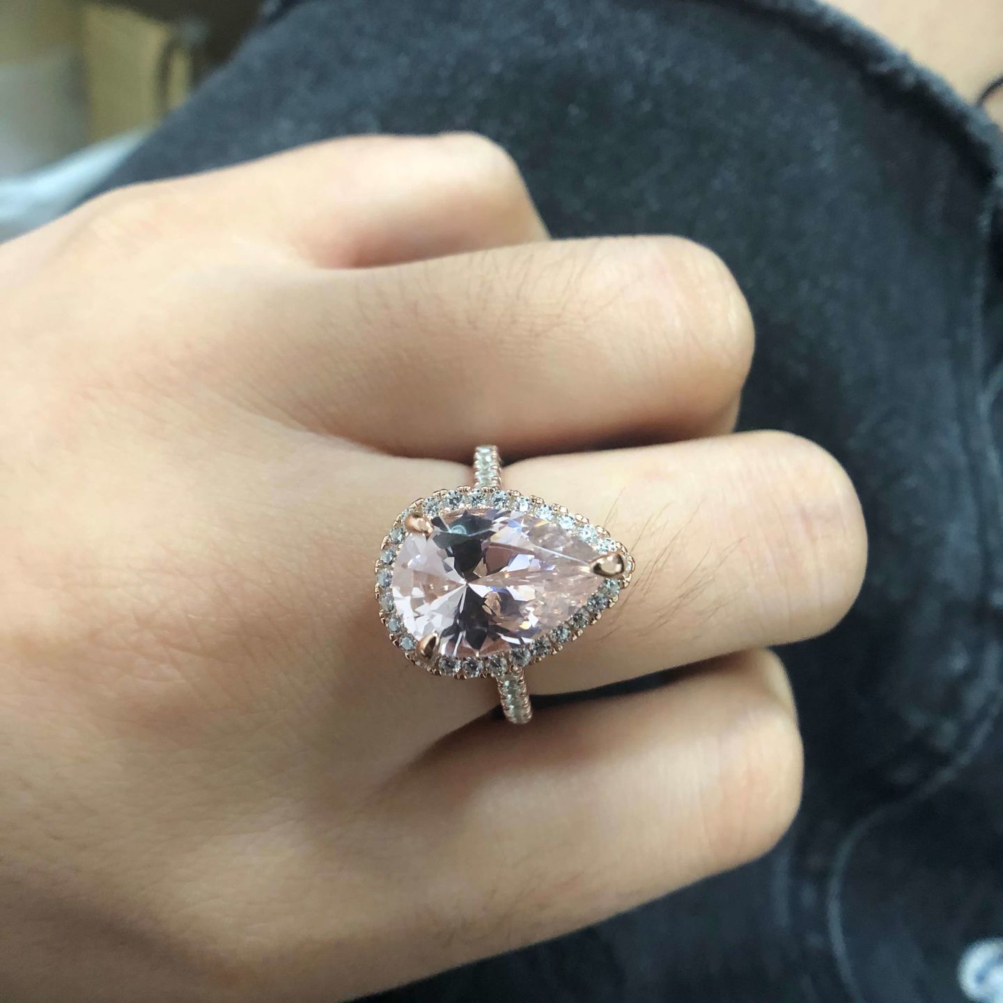 Customer photo review of Louily Rose Gold Halo Pear Cut Synthetic Morganite Engagement Ring