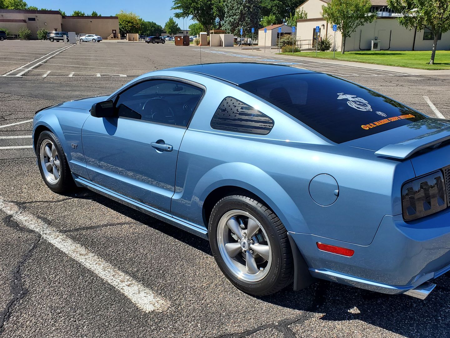 Customer photo review of (x2) Distressed USA flag pre-cut decal fits Ford Mustang 2005-2009 quarter window