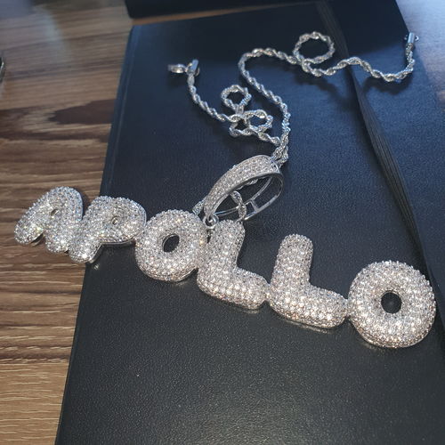Customer photo review of Custom Bubble Letter Pendants - (2-8 Letter) - Silver or Gold - Matching Rope Chain