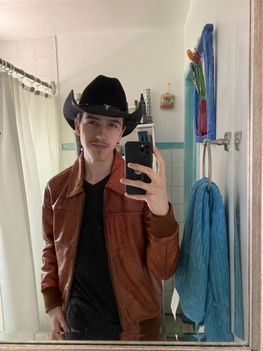 Customer photo review of Boyd's Rust Leather Jacket with ribbed cuffs