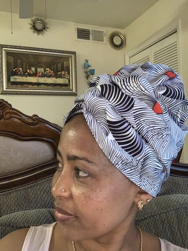 Customer photo review of African Print Head Wrap With Satin-Lined(Red Yellow Flowers) -AW1143
