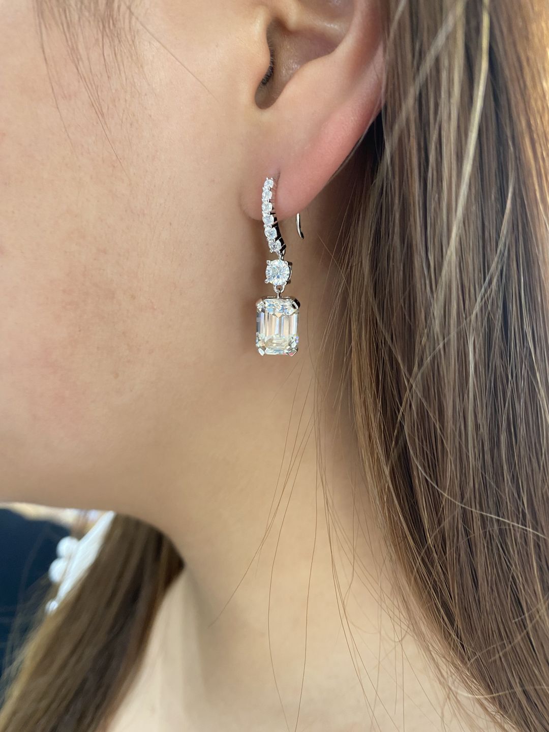 Customer photo review of Louily Sterling Silver Luxury Emerald Cut Drop Earrings