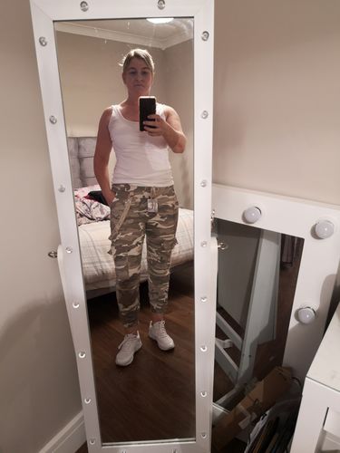 Customer photo review of Lira Beige Camo Joggers With Side Ribbon