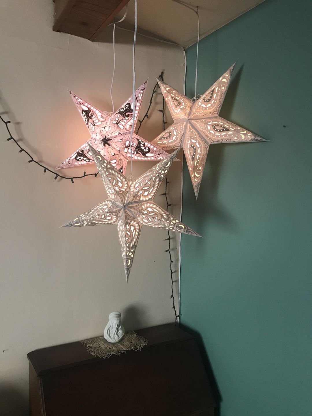Customer photo review of BLOWOUT 24" White Gray Alaskan Silver Glitter Paper Star Lantern, Hanging Decoration