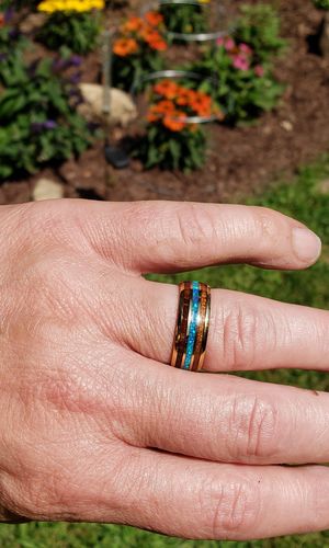Customer photo review of YG Plated Koa Wood Opal Tungsten Wedding Ring 8mm Triple Row Men's Ring