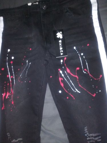 Customer photo review of Side Stripe Paint Splatter Skinny Fit Denim Black - White (M4825DA)