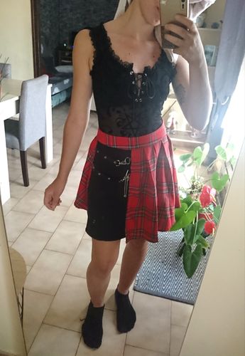 Customer photo review of Asymmetric Plaid & Black Skirt