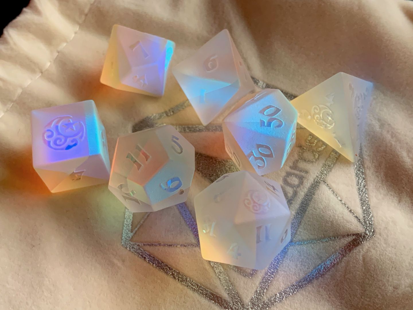 Customer photo review of URWizards Dnd Dichroic Prism  Glass Raised Dice Set Moon & Star