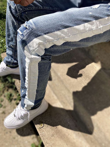 Customer photo review of Side Stripe Distressed Skinny Fit Track Denim Bleach Splatter (M4708D)