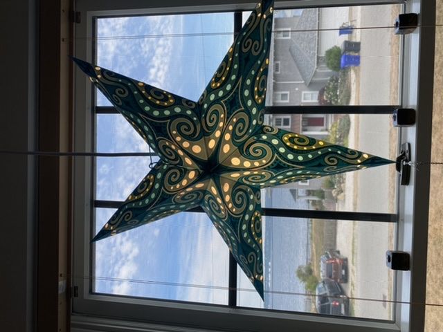 Customer photo review of 24" Green Sea Foam Mouri Blue Glitter Paper Star Lantern, Hanging