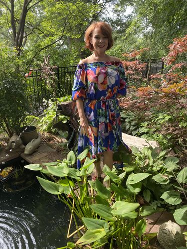 Customer photo review of Joseph Ribkoff Blue/Multi Floral Print High-Low Hem Midi Dress 192672 NEW