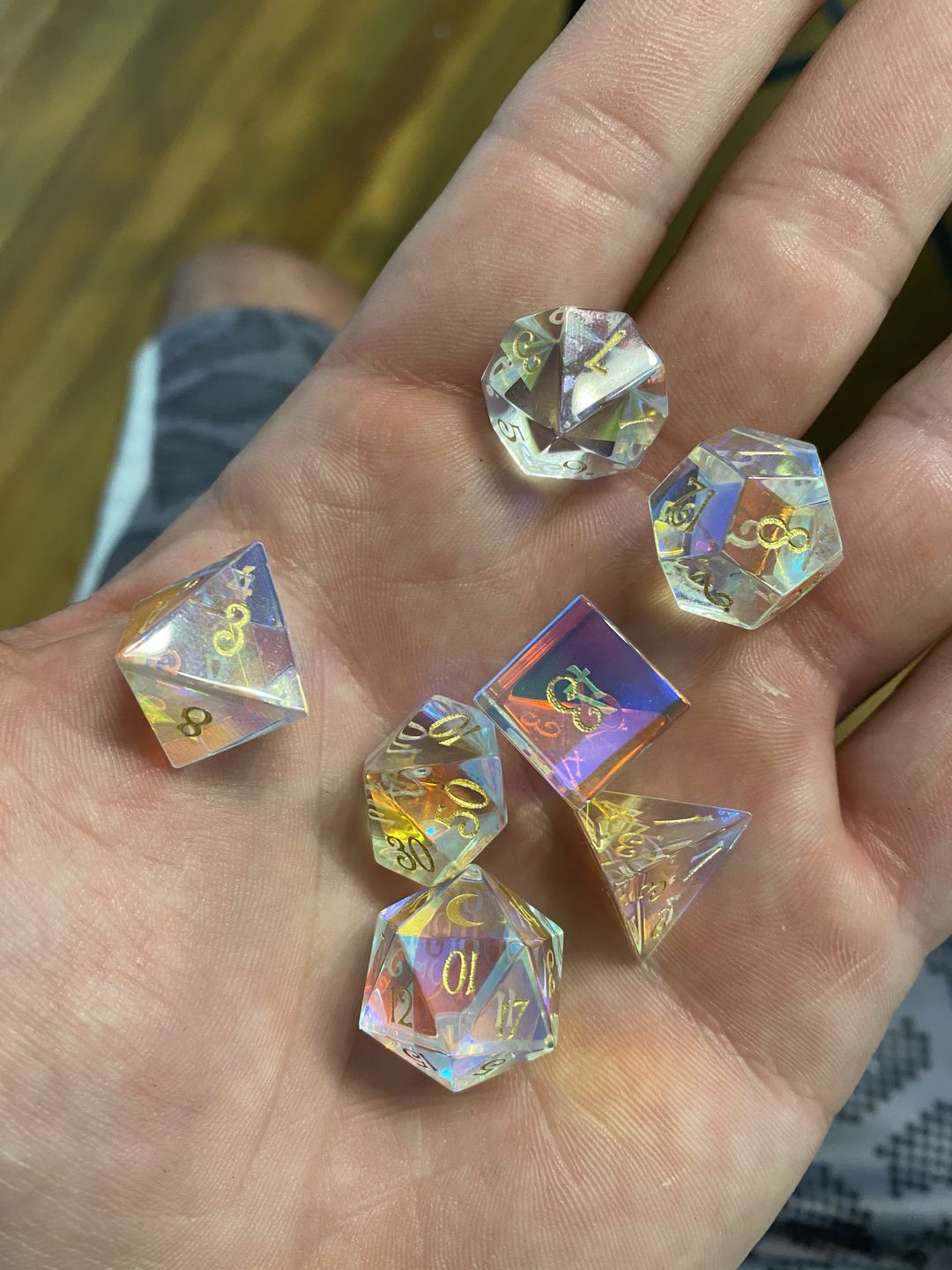 Customer photo review of URWizards Dnd Dichroic Prism  Glass Gemstone Engraved Dice Set Moon Style