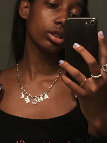 Customer photo review of Girly Rhinestone Words Choker Necklace