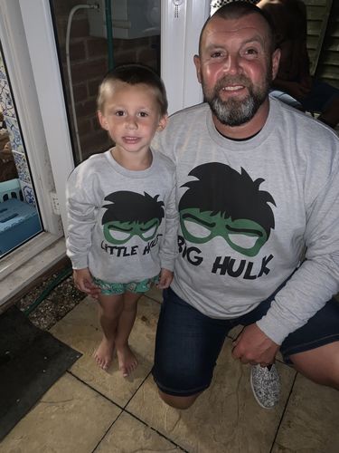 Customer photo review of Big Hulk/Little Hulk Dad & Kid Matching Grey Sweaters (MRK X)