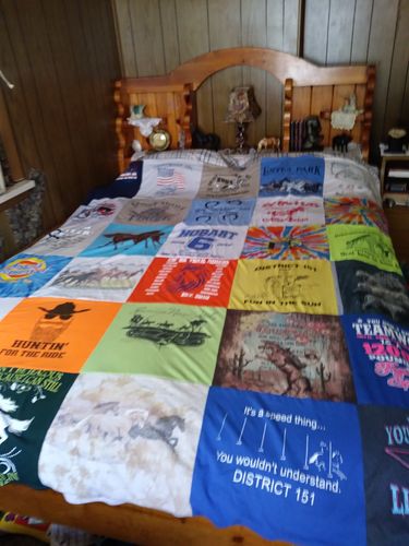 T-shirt quilt with hunting, outdoor activities themes by Patricia from OK