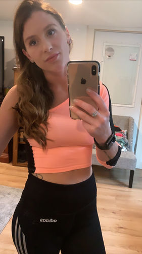 Customer photo review of Soft Color Block One Shoulder Cropped Top - Soft Neon Coral