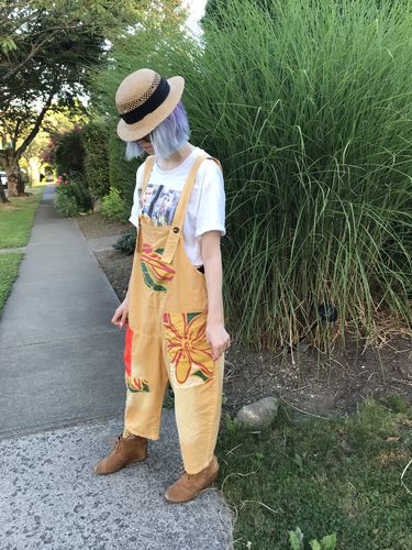 Customer photo review of Printed Patchwork Contrast Color Loose Cotton Overalls