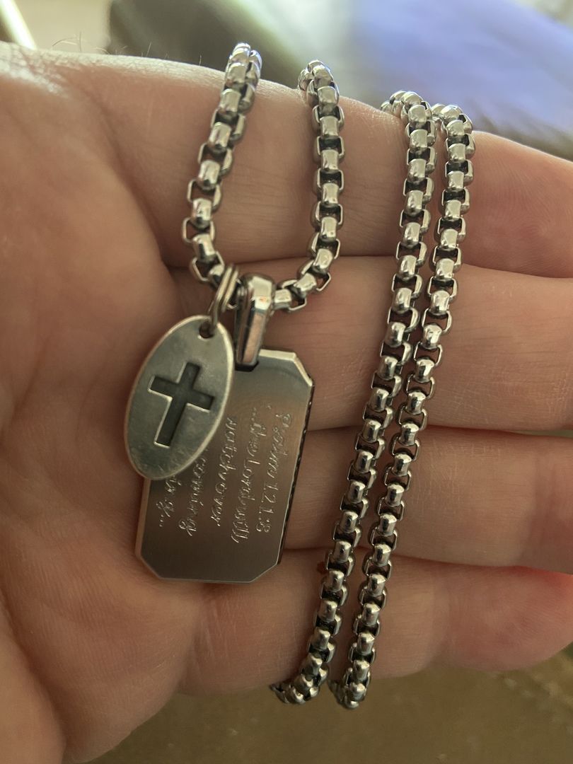 Customer photo review of Matte Steel Modern Dog Tag Engravable Pendant